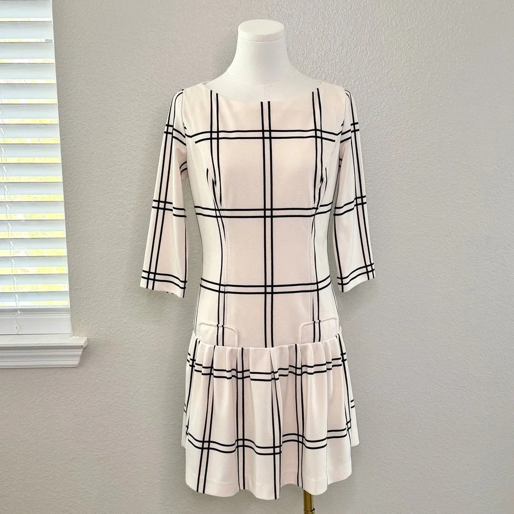 RED Saks Fifth Ave Mini Dress Drop Waist Cream Black Retro 60s Preppy Parisian 2